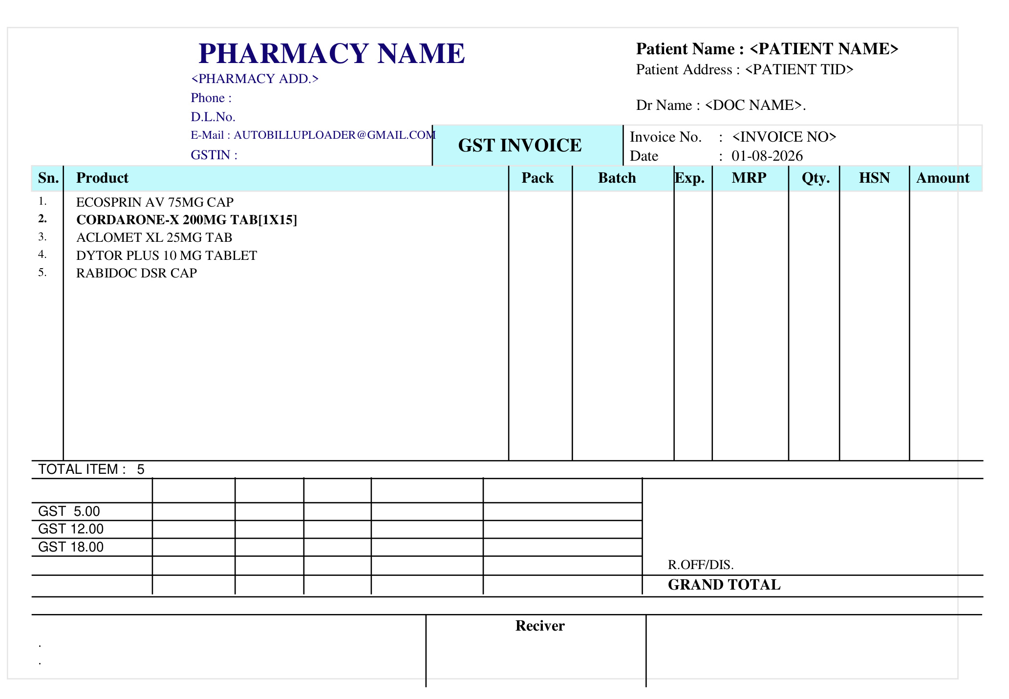 Sample RGHS bill format expected by AutoBillUploader — Sn, Product, Pack, Batch, Exp, MRP, Qty, HSN, Amount columns